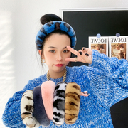 韩国ins真獭兔毛豹纹，发箍冬季皮草兔毛，宽版发带毛毛发卡纯色发饰