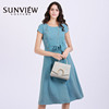 sunview尚约长款纯色连衣裙短袖，中长款飘逸女装湖蓝色设计师款