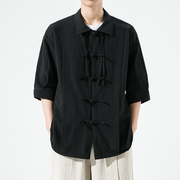 新中式男装短袖夏季棉麻，宽松盘扣中国风，衬衫复古潮牌国风休闲上衣