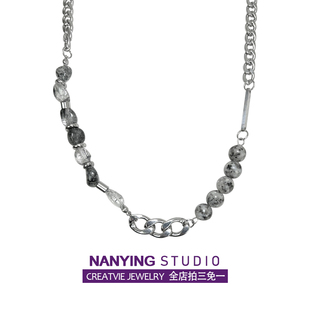 nanying原创天然黑白水晶拼接金属，链条项链ins小众高级感毛衣链潮