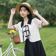 夏季韩系短袖娃娃领衬衫百搭蕾丝款上衣女+黑色修身显瘦半裙