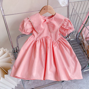 女童超仙粉色公主裙2024夏季韩版儿童，洋气珍珠娃娃领连衣裙子