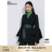 IDPAN女装通勤时尚原创设计层叠荷叶袖短外套+新式微喇长裤套装女