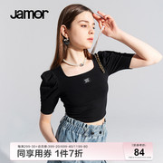 jamor短袖夏季方(夏季方)领黑色针织衫，女泡泡袖辣妹短款上衣加末加末