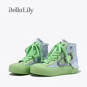 bellalily春季高帮拼色帆布鞋，女牛仔布板鞋街头风休闲鞋