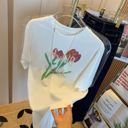 郁金香印花白色短袖t恤女夏日式(夏日式)设计感小众宽松甜美半袖上衣