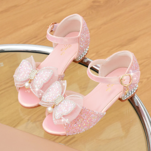 女童凉鞋夏季公主水晶鞋，2023时尚软底儿童，高跟鞋女小孩表演鞋