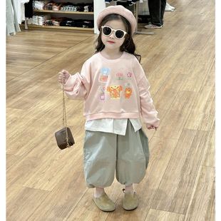 鲍小鱼2024春季韩国女儿童装，休闲假两件卡通，印花卫衣灯笼裤子