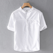 夏季圆领亚麻短袖衬衫男士套头立领棉麻布衬衣白色休闲薄T恤潮男