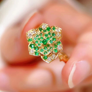 宝创集18k金0.29克拉巴基斯坦swat祖母绿玫瑰花戒指，钻石彩宝女戒