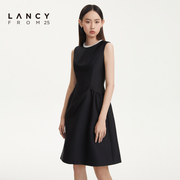 LANCY/悦朗姿2022秋季无袖黑色中长款连衣裙收腰显瘦高级裙子