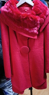 红色大毛领羊毛呢中长款风衣外套新年红