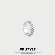 PDSTYLE小众设计复古凹凸格纹戒指男潮ins高级感简约开口食指环女