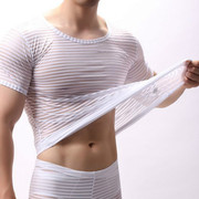 男士超薄透明冰丝短袖t恤网纱，横条透气圆领半袖打底上衣丝滑睡衣
