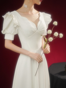 白色缎面晚礼服女高级感平时可穿法式领证小白裙宴会气质洋装礼服