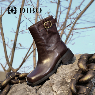 DIBO碲铂2023冬季真皮增高平跟复古方头短靴女加绒时装靴女