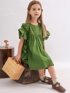女童装绿色荷叶边连衣裙，森系亚麻娃娃裙夏蝙蝠袖，棉麻拼接a字裙子