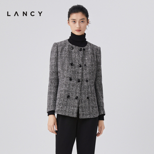 lancy朗姿修身小香风短外套，春季双排扣圆领，高级感通勤上衣女
