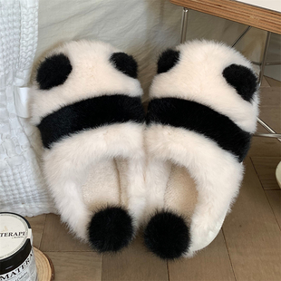 细细条熊猫棉拖鞋女冬季室内居家用防滑可爱毛绒保暖月子软底鞋