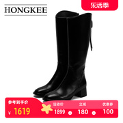 Hongkee/红科女靴2023长靴中跟后拉链黑色牛皮靴子HA83S416