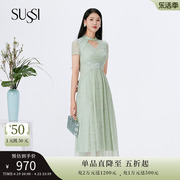 sussi古色23夏绿色(夏绿色)贴花，烫钻立领短袖蕾丝连衣裙女