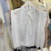 十三行夏季法式圆领系带无袖宽松褶皱排扣白色休闲背心衬衫上衣女