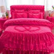 婚庆大红色公主风床裙四件套结婚被子夹棉床罩款床上蕾丝花边