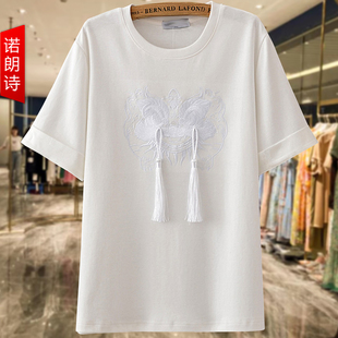 大码女装夏季新中式国风刺绣正肩短袖t恤流苏，重工上衣圆领打底衫
