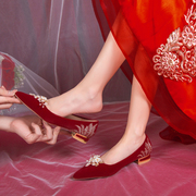 结婚鞋子女孕妇平底鞋新娘鞋酒红色，水钻珍珠婚纱两穿不累脚高级感