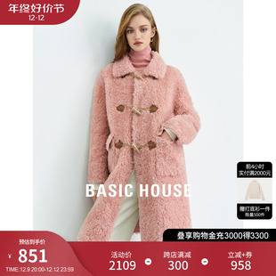 Basic House/百家好粉色长款羊羔毛外套2023冬季100%羊毛外套