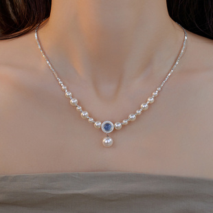 赛赛莉安海蓝宝珍珠s925纯银，法式轻奢小众设计感项链，简约气质百搭