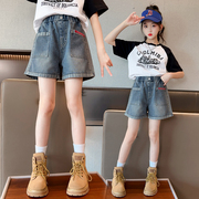 女童夏季短袖套装韩版中大儿童拼色T恤牛仔裤洋气两件套薄款短裤