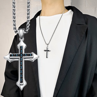 POYO简约轻奢镶碳纤维十字架项链原创设计潮男士个性钛钢吊坠嘻哈
