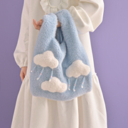 茶茶原创蓝色云朵羊羔毛托特(毛，托特)包背心包，女大容量手提可爱毛绒包包