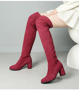 春秋冬豹纹红色靴子粗跟高跟过膝长靴，长筒女绒面高筒大码女靴amy