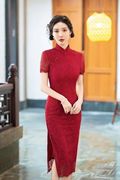 送考改良复古民族风蕾丝长款红色旗袍2024夏季新娘红装旗袍裙