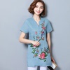 2023年夏中国风民族风大码棉麻女装刺绣花短袖中长款衬衫上衣
