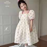 韩国波拉童装2024夏季韩版女童，气质俏皮可爱精致小方领连衣裙