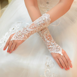 中长款蕾丝花边绑带手套新娘，结婚婚纱礼服配饰品勾指珠片手套