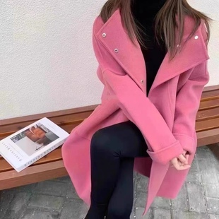 粉色连帽双面羊绒大衣女2023年秋季韩版小个子羊毛宽松外套