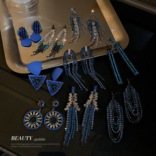925银针深蓝色流苏耳环，欧美时尚重工创意耳饰个性，气质长款耳坠女