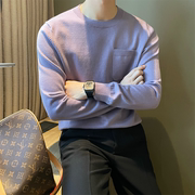 韩版简约纯色圆领男细线针织衫，修身口袋百搭打底衫，休闲长袖薄毛衣