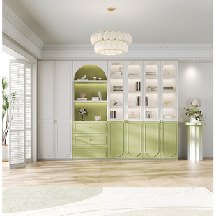 书柜展示柜一体整墙家用法式奶油风带玻璃门实木组合柜收纳储物柜