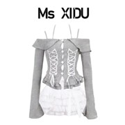Ms XIDU暮尼胶卷 春夏灰色毛针织衫上衣漂亮白色蛋糕短裙子套装
