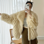 狐狸毛皮草(毛皮草)外套，2023女冬季中长款毛毛，大衣年轻款编织廓形显瘦