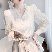 长袖雪纺衫女2023法式薄款蕾丝衬衣白色时尚上衣女设计感小众