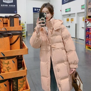 粉色羽时尚女中长款甜美加厚小个子韩版冬季白鸭绒面包服外套