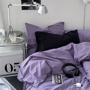 purple梦紫水洗棉全棉四件套，简约纯色纯棉床单，床笠床上用品三件套