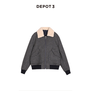 depot3男装夹克国内原创设计品牌，纯羊毛深灰格纹羊羔毛领夹克