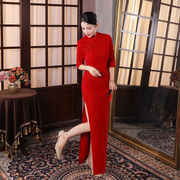 高档金丝绒旗袍长款女复古修身古典舞服婚礼，旗袍红色连衣裙
